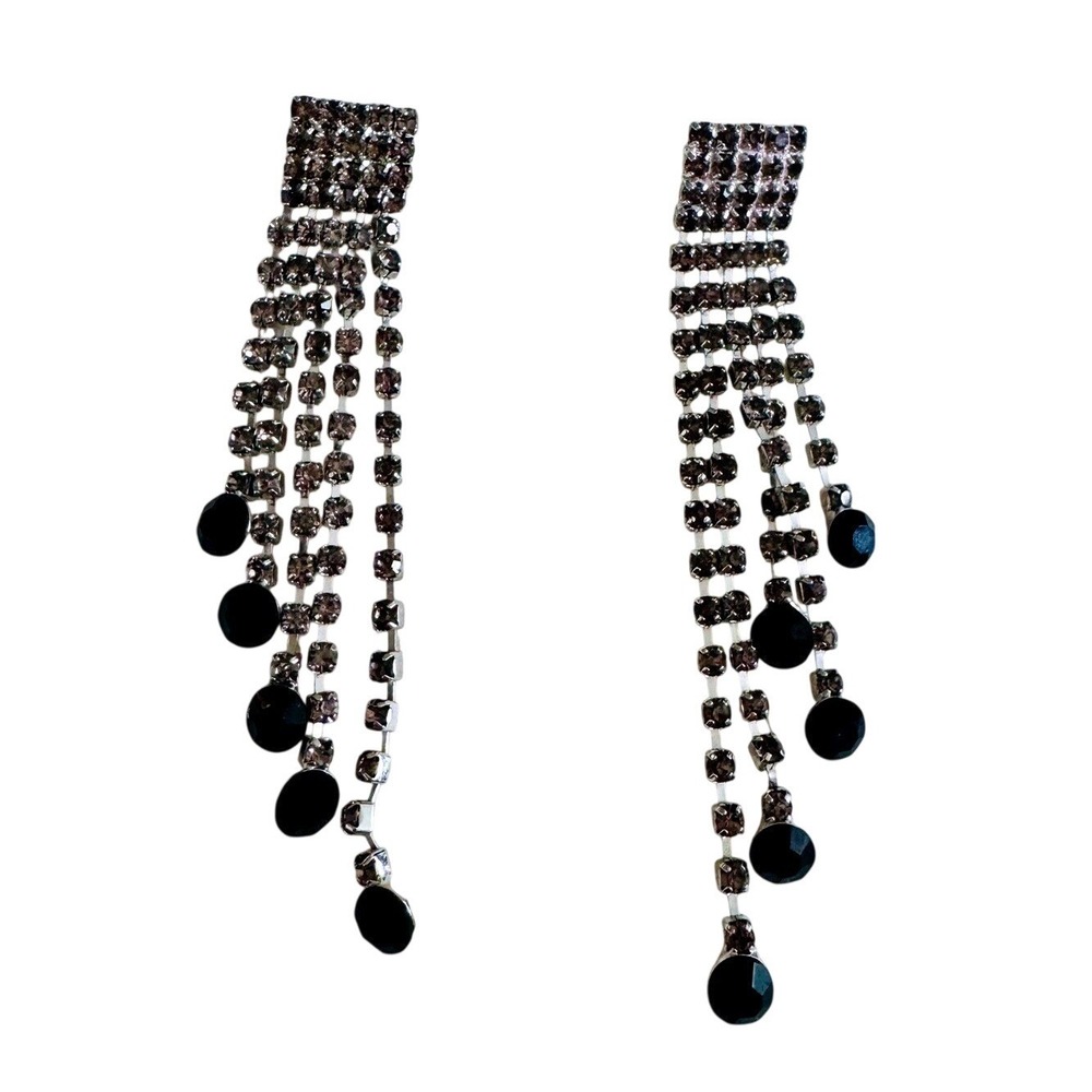 Drop Earrings Crystal Fringe - Black & Clear Rhinestone